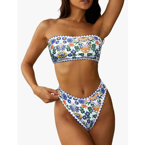 ZAFUL Women Strapless Textured Bandeau Bikini 2 Piece Swimwear Cheeky Solid Lace up Bathing Suits size L