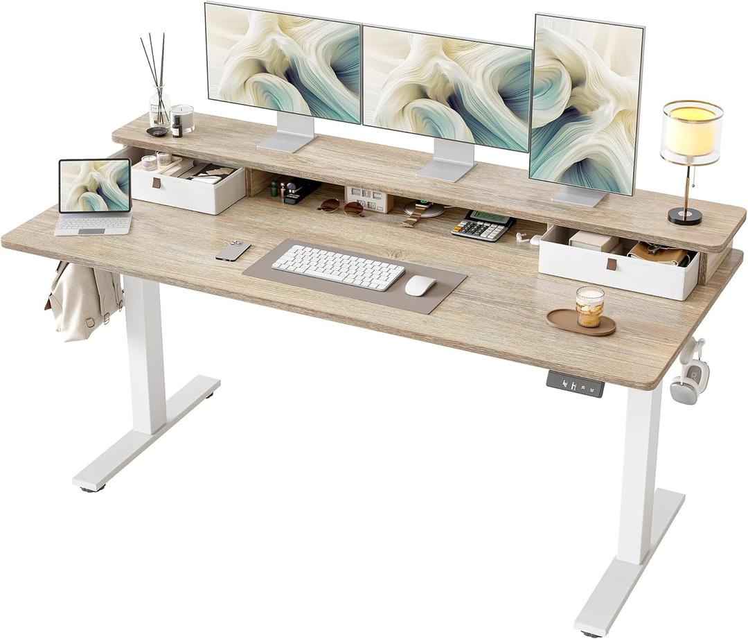 TIQLAB Standing Desk with Two Drawers, Stand Up Standing Desk Adjustable Height, Electric Sit Stand Table with Storage Shelf and Splice Board, 63 * 24 inch, Maple