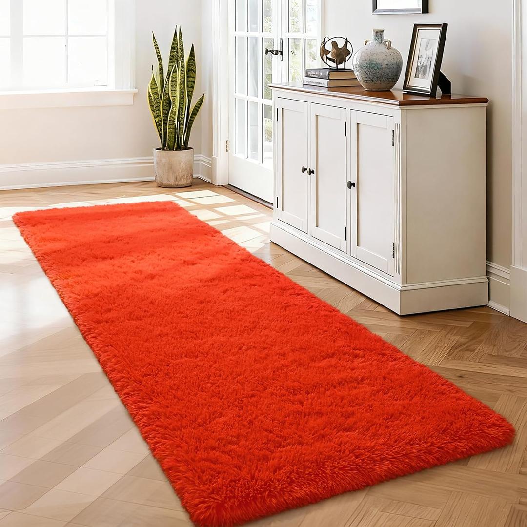 Merelax Soft Fluffy Rugs for Bedroom Living Room, 2x6 Hallway Runner Rugs, Furry Shag Bedside Area Rug Indoor Accent Floor Carpet, Plush Fuzzy Rug for Dorm Nursery Kids Room Decor, Orange Red
