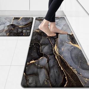 Anti Fatigue Kitchen Mat Cushioned 2 Pieces Black Kitchen Rugs Non Slip Waterproof Kitchen Floor Mats Gold Kitchen Accessories Comfort Memory Foam Kitchen Mats for Floor Laundry Room