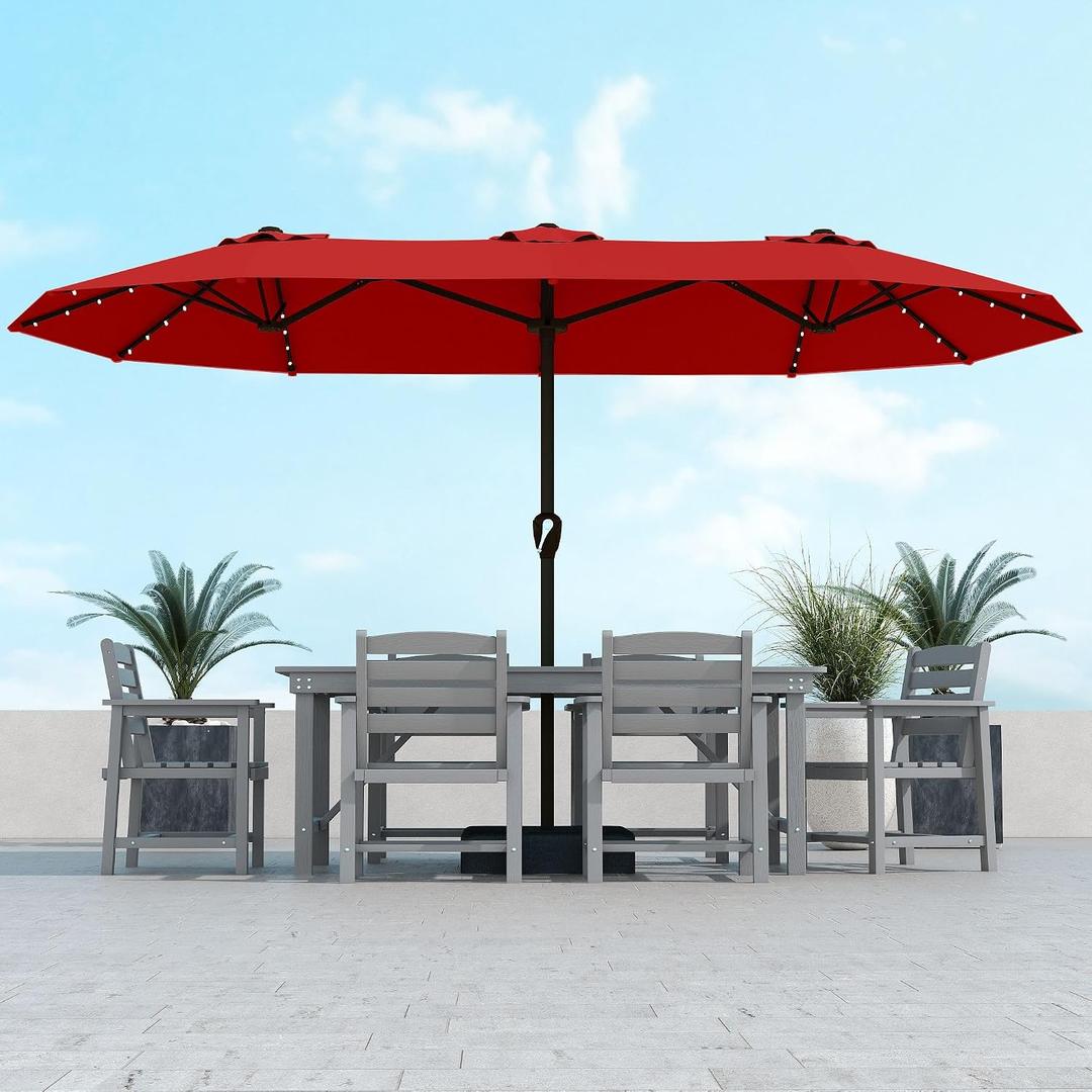 Kingdura 15ft Large Patio Umbrella with Solar Lights, Double-Sided Rectangle Lighted Outdoor Table Umbrella with Base Included, 12 Reinforced Ribs, 48 Led Lights, Crank Lift for Market Pool Deck Backyard, Red