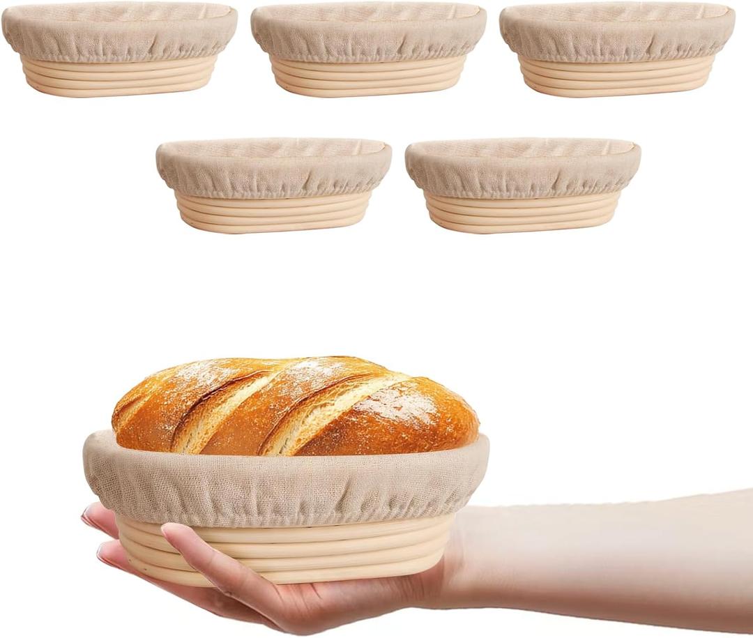 Nalcant 5 Pack Oval Banneton Proofing Basket Set 6 Inch, Natural Rattan Sourdough Bread Baskets with Linen Liners, Mini Dough Baking Bowls for Artisan & Home Bakers (6" Oval, Set of 5)