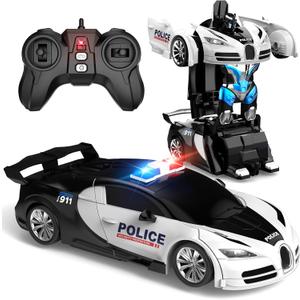 SnowRap Remote Control Transforming Car, One-Click Becoming Robot Remote Control Car for Boys, Demo Mode, 360° Rotation, Easy to Use, 2.4GHZ, with LED Lights, RC Cars for Christmas Day, Kids, White