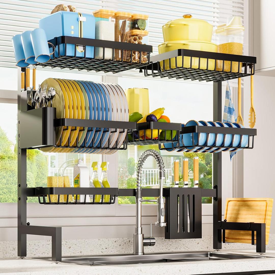 Sakugi Dish Drying Rack - Over The Sink Dish Drainer Drying Rack with Utensil & Knife Holder, Hooks, Stainless Steel Kitchen Organizers and Storage Solution, 11.8" D x 31.5"~39.0''W x 30" H, Black, XX-Large