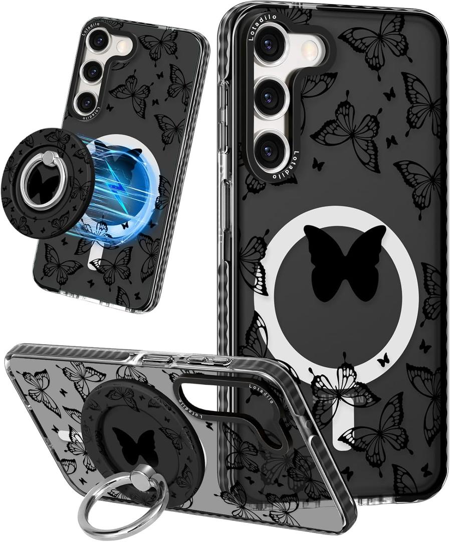 for Samsung Galaxy S23 Plus Case for Women - Girls Cute Design Compatible with Magsafe Magnetic Ring Holder Stand Black Butterfly Phone Covers Aesthetic Girly TPU Funda for S23 Plus