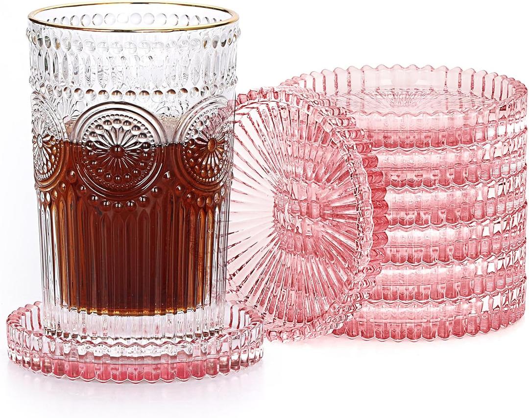JUXYES 8 Pack Amber Tone Crystal Coasters Round Cup Mat, Glass Coasters for Drinks Coffee Tea Wine, Decorative Wine Bottle Coaster, Crystal Drink Coaster for Restaurant bar Kitchen Dining Table (Clear Pink)