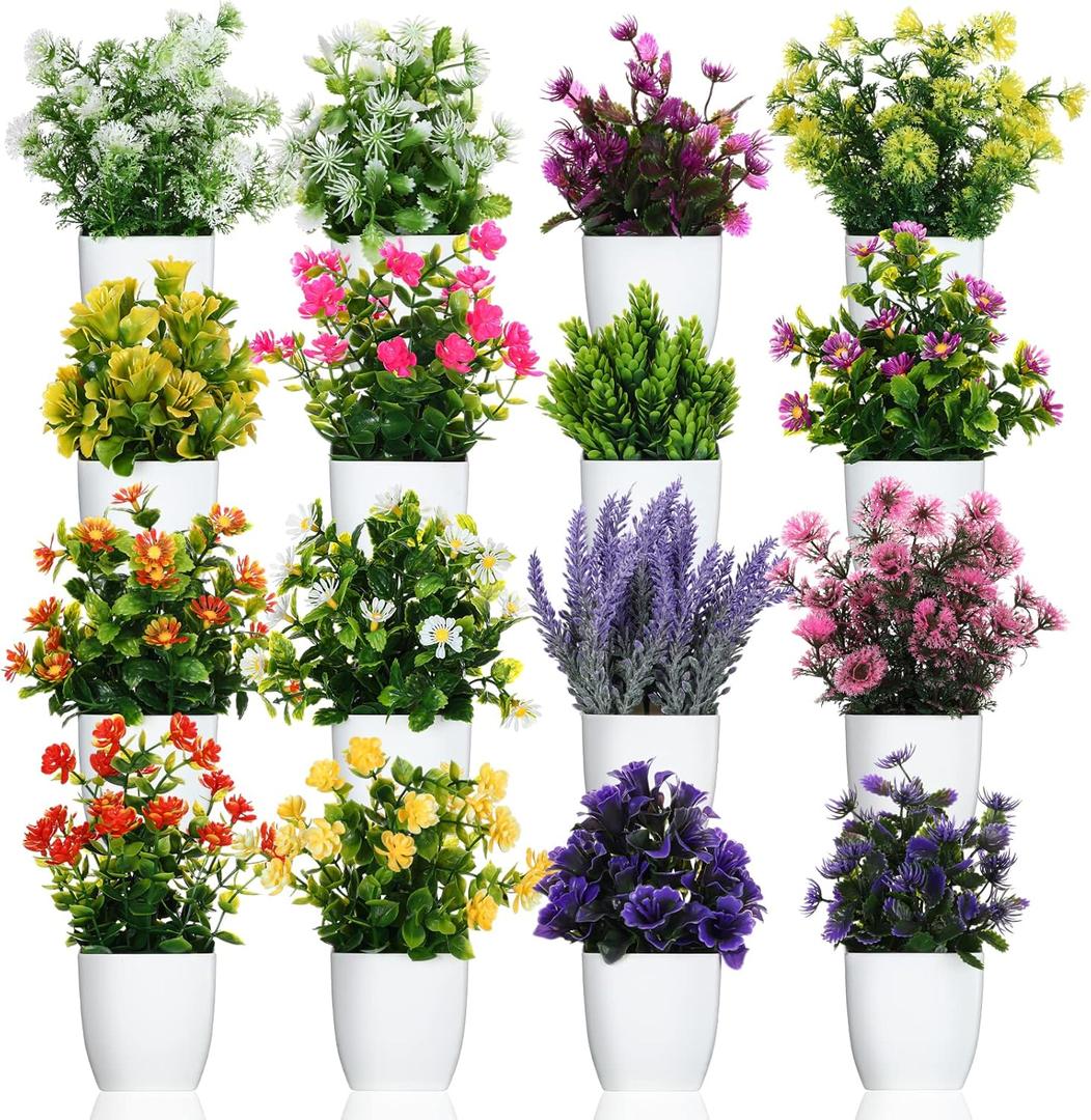Cindeer 16 Pcs Small Fake Plants Artificial Potted Plants Faux House Plant Mini Pot Plastic Flowers for Indoor Outdoor Home Kitchen Office Desktop Wedding Decor