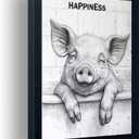 Orvannaatr Minimalist Bathroom Wall Decor, Happy Pig Wall Art in Picture Frames, Hilarious, Fun Bathroom Animal Art, Black and White Canvas Prints can be Hung Directly - Frame, 8 "x 10