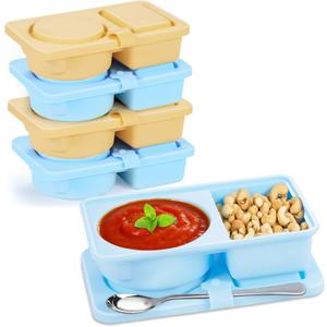 ARTLEO 4 Pack Silicone Snack Containers with Lids, Reusable and Leekproof, 2 Compartment, Sauce Dip Snackle Box Container, to Grab and Go with Prep For Kids, Bpa Free (Yellow Blue)
