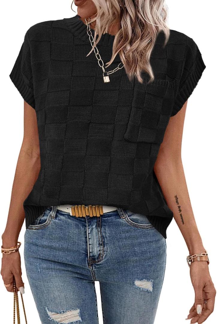 Womens Sweaters Sleeveless Summer Tank Tops Casual Knit Sweater Vest Crewneck Loose Fit Pullover 2025 (Large, Black)
