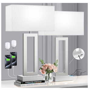 Seealle 22" Tall Bedroom Lamps for Living Room  Touch Brushed Nickel Bedside Lamps with USB C+A, 3 Way Dimmable Lamp for Nightstand, Modern Night Stands Lamps for End Tables(White&Silver)