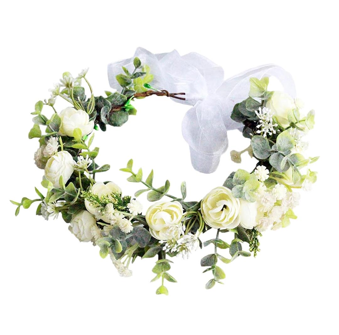 Women Floral Crown Bridal Flower Headband Hair Wreath Floral Headpiece Halo Boho with Ribbon Party Prom Wedding Photos White