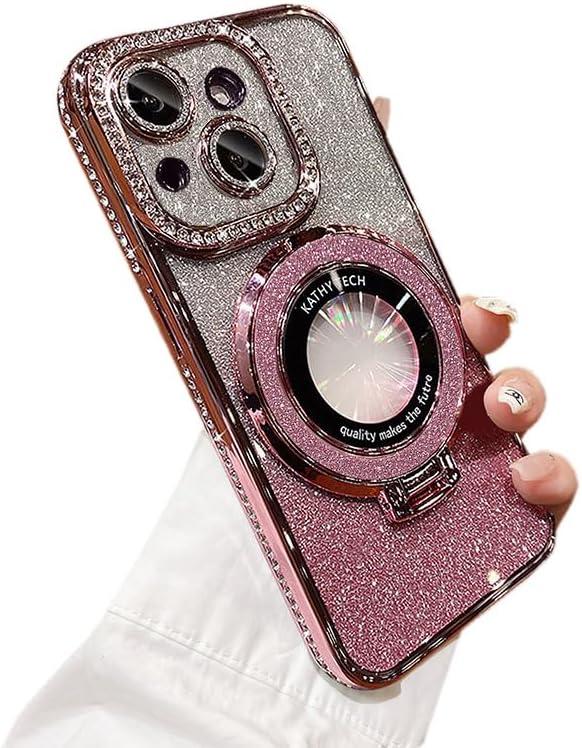 Bling Glitter Phone Case Compatible with iPhone 14 Plus, Kickstand Camera Lens Protector Soft Cover Sparkling Rhinestone Case (Pink)
