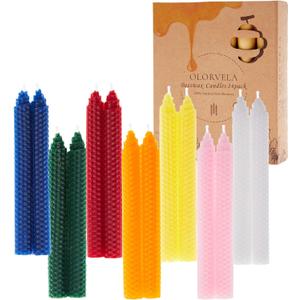 14 Pack Hand-Rolled Beeswax Taper Candles,8 Inch 100% Pure Beeswax Candles Sticks,4-5 Hours Long Burning Dripless Colored Bees Wax Candle for Home Decor,Prayer,Christmas,Party (Colorful)