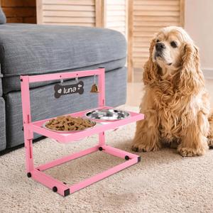 Elevated Bowls for Small and Medium Dogs, Raised Stand With 2 Stainless Steel Food & Water Bowls, Adjustable Height Feeder for Puppy & Cats, Cute Pink
