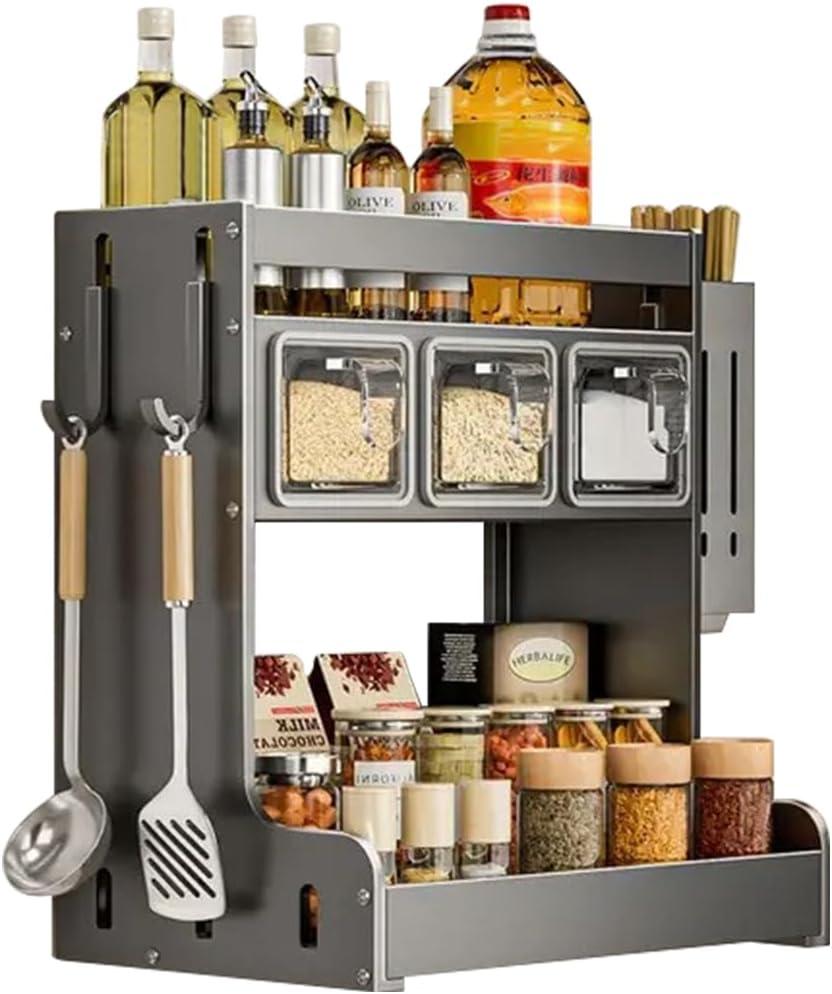Kitchen Seasoning Shelf Spice Rack Wall Mount with Hooks and Utensil Holder Hanging Seasoning Box Shelf Seasoning Jar Organizer for Sugar Salt Pepper Oil Bottle (3 Boxes)