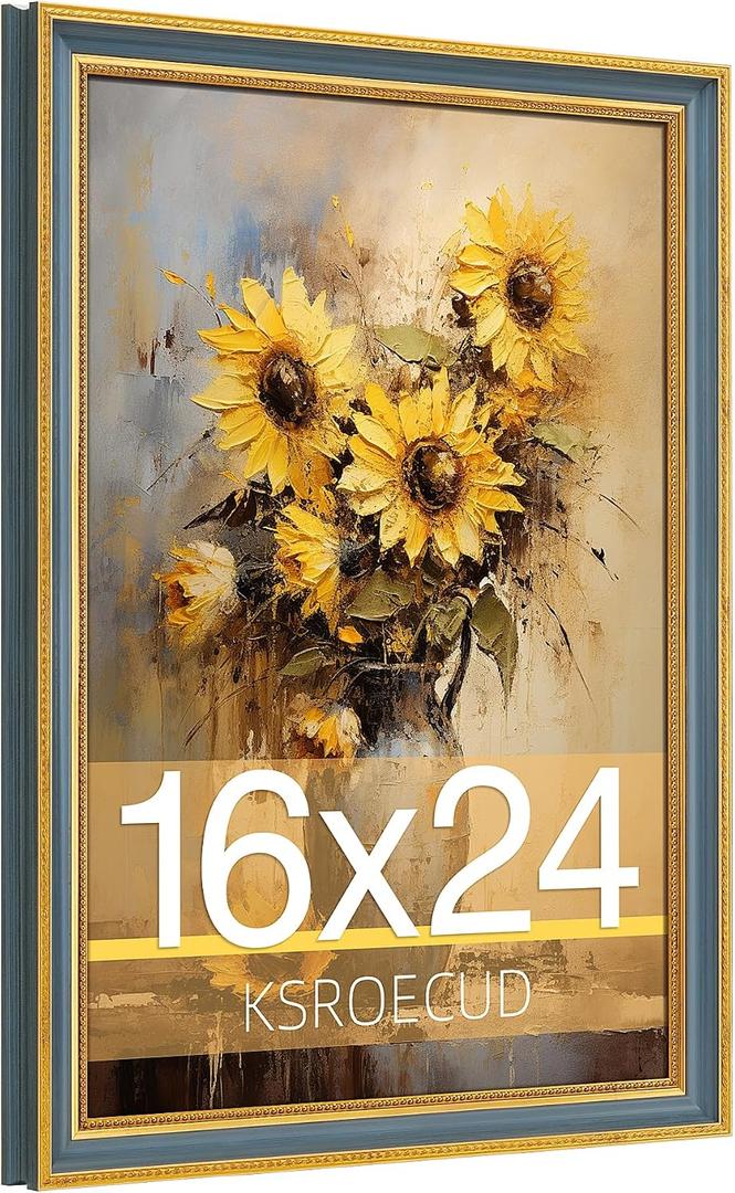 16x24 Picture Frame, HD Real Glass Ornate Vintage 16x24 Photo Frame, 16 by 24 Poster Frame with Gold Blue Texture Border Horizontal & Vertical Display for Tabletop or Wall Decor (1 Pack)