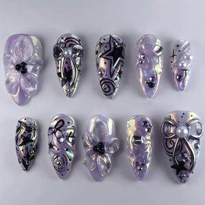 24Pcs Purple Flower Press on Nails Medium Almond Y2k Fake Nails Black Star with 3D Silver Bow Pearl Design Glitter Gems False Nails Full Cover Artificial Glue on Nails Luxury Stick on Nails for Women