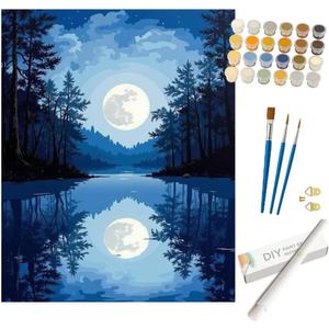 Nature Paint by Numbers Kit for Adults - DIY Full Moon Reflected on Lake Painting on Rolled Canvas 16x20 Inches, Acrylic Paint Set, Suitable for Beginners, Art for Home Decoration or Gifts