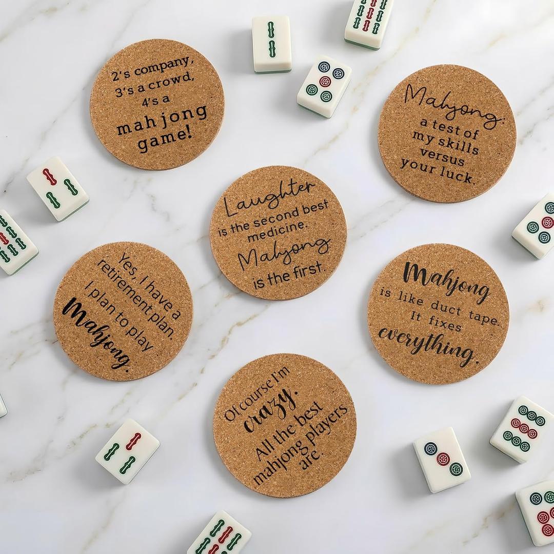6 Set Mahjong Saying Coasters Mahjong Cork Coaster 4 Inches Round Cork Coasters for Cup, Drink, Table Game Mah Jong Lover Housewarming Gifts or Game Night Party Supplies Decoration