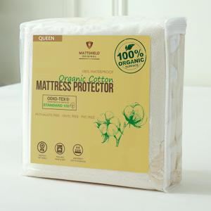 Waterproof Organic Mattress Protector Queen Size Soft OCS Certified Organic Cotton Surface Mattress Cover Noiseless & Breathable 250 GSM Mattress Pad Deep Pocket Fitted Design