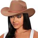 AQOKKA Western Cowboy Hats for Women Classic Felt Wide Brim Fedora Hat with Belt Buckle Retro Panama Hat Unisex Rolled up Cap