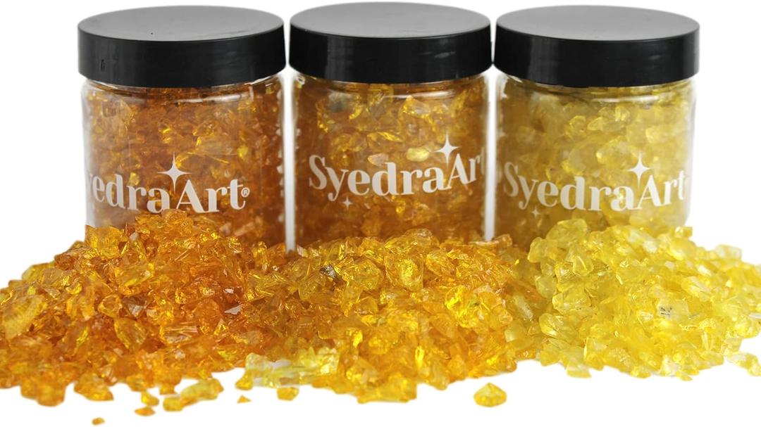 Syedra Crushed Glass for Crafts, 3-6mm Set of 3,Resin Art, Crushed Colored Mirror Pieces 1LB (Yellow)