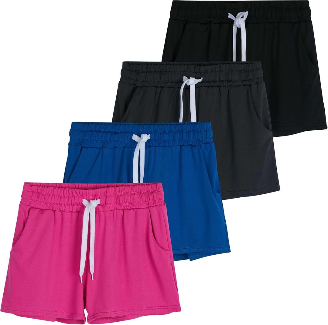 Real Essentials 4 Pack: Girls Athletic Performance Dry-Fit Running Shorts with Drawstring & Pockets