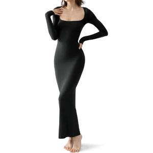 PUMIEY Women's Square Neck Long Sleeve Maxi Dress Ribbed Bodycon Dresses for Women Soft Lounge Dress (Medium, Jet Black)