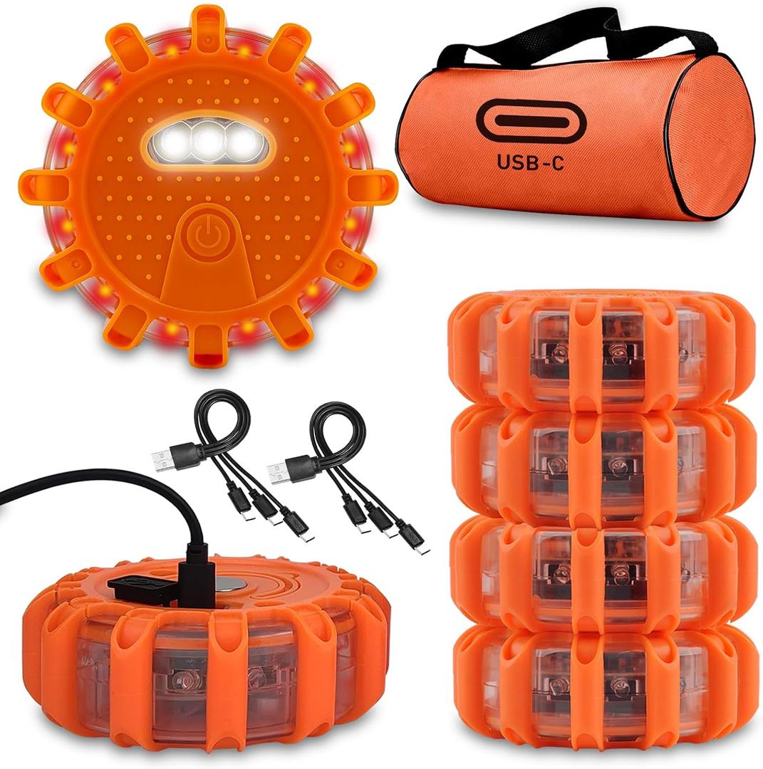 Ecoangel USB-C Rechargeable LED Road Flares Emergency Lights-Large Capacity (Lithium Battery) 3 in 1 Cable Roadside Warning Car Safety Beacon Flashing Disc Kit with Magnetic Base for Vehicles