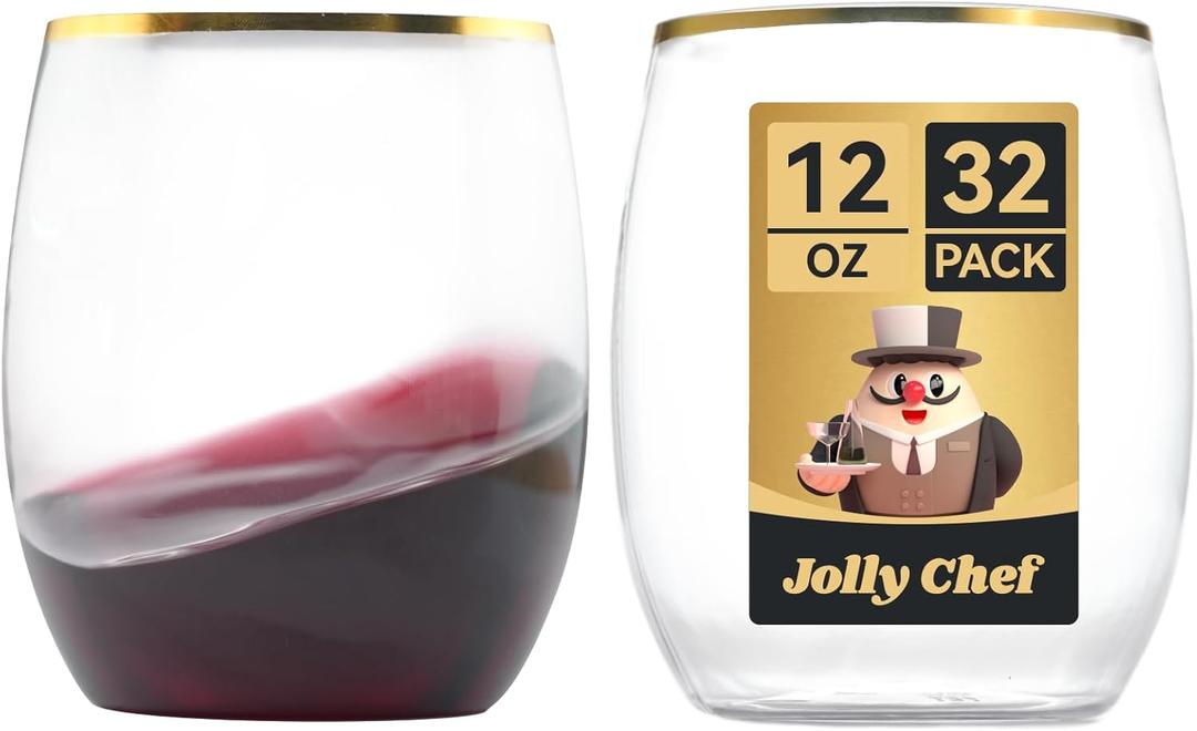 JOLLY CHEF 32 Pack 12oz Gold Plastic Wine Glasses Stemless, Disposable Wine Cupsty, Disposable Plastic Wine Cups for Party, Halloween, Christmas, Thanksgiving