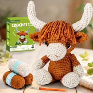 Faircosy Learn to Crochet Beginner Kit: All in One Highland Cow Crochet DIY Kit with Yarn, Crochet Hooks, Video Guide - Make Adorable Cow for Women, Teens & Adults - Great Learning Craft Gift