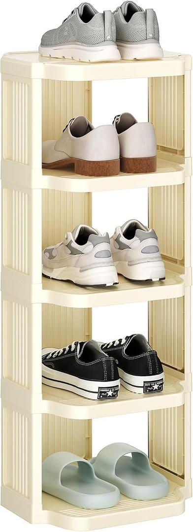 Kitstorack Vertical Shoe Rack: 5 Tiers Stackable Shoe Rack for Closet DIY Free Standing Shoe Organizer Small Shoe Shelf for Small Spaces and Narrow Spaces Plastic, White