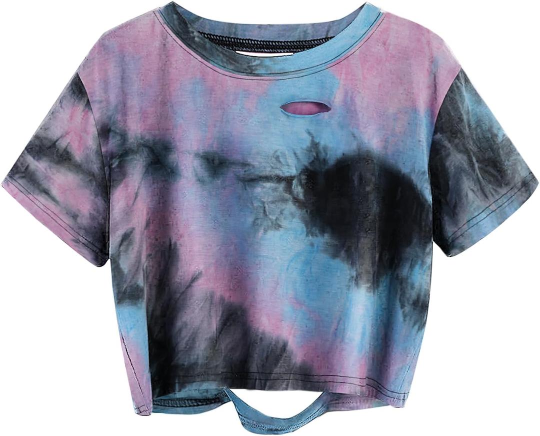 Avanova Tie Dye Shirt Women Ripped Short Sleeve Crop Tops Distressed Cropped T Shirts for Concert Halloween Goth Rock (L)
