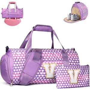 Tween Girl Gifts Trendy Stuff, Girls Travel Duffel Bag, Kids Initial Overnight Bags with Shoe Compartment, Personalized Gym Ballet Dance Bag with Makeup Pouch, Gift for Teenager (Letter V) (Rainbow Purple)