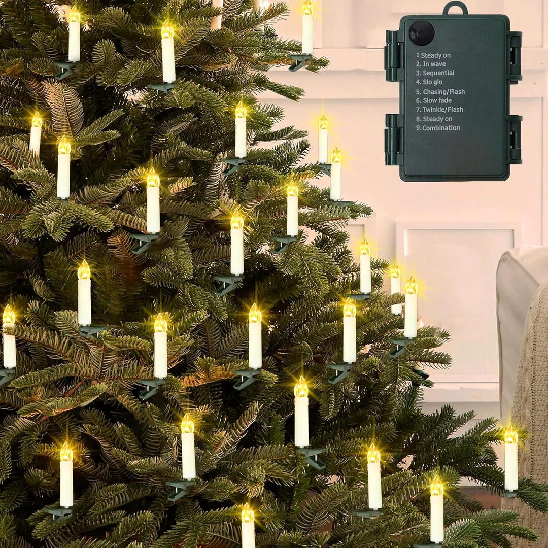 20Ft 30 LED Candle String Lights Battery Operated Clip on Flameless Candle Lights for Christmas Tree Light with Auto Timer 8 Modes for New Year Wedding Garden Decoration (Warm White)
