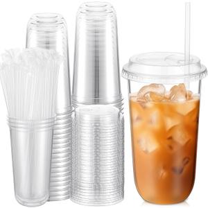 50 Sets Crystal Plastic Cups with Lids and Straws, Disposable Iced Coffee Cups Bulk PET for Wine, Cocktail, Smoothie, Milkshake, Cold Drinks, Juice, Wedding, Birthday, Coffee Shop, Party(20oz)