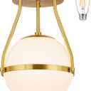 9.8" Modern Semi Flush Mount Ceiling Light Fixture Mid Century Ceiling Light Globe Ceiling Light Fixture with Milk Glass Shade Brass Finish for Kitchen Island Hallway Living Room (Bulb Incl.) (Gold)