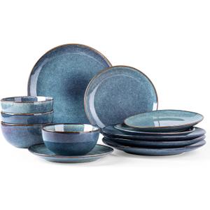 AmorArc Ceramic Dinnerware Sets for 4, 12 Pieces Handpainted Plates and Bowls Set, Scratch Resistant Stoneware Dishes Set, Dishwasher & Microwave Safe, Ceylon Blue