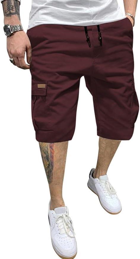 JMIERR Mens Casual Twill Cargo Shorts Cotton Drawstring Classic Cargo Stretch Short with 6 Pockets (Red, XXL)