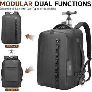 2-in-1 Detachable Carry On Rolling Backpack - Splits into Two Bags for Travel, 50L Wheeled Backpack with 17.3″ Padded Laptop Sleeve, USB Charging Ports, TSA Lock, Waterproof Luggage Suitcase