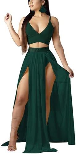 Women Sexy 2 Piece Outfits Dress Chiffon Strap Deep V Neck Bra Crop Top High Split Maxi Dresses Skirt Set, Size XL