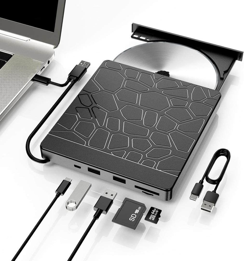 External Blu-ray Drive, 5-in-1 USB 3.0 & Type-C BD Reader, DVD/CD Burner with Dual USB-A Ports, SD/TF Slots  Portable Blu-ray Player for Laptop PC, Windows/Linux/Mac OS Compatible (5 in 1)