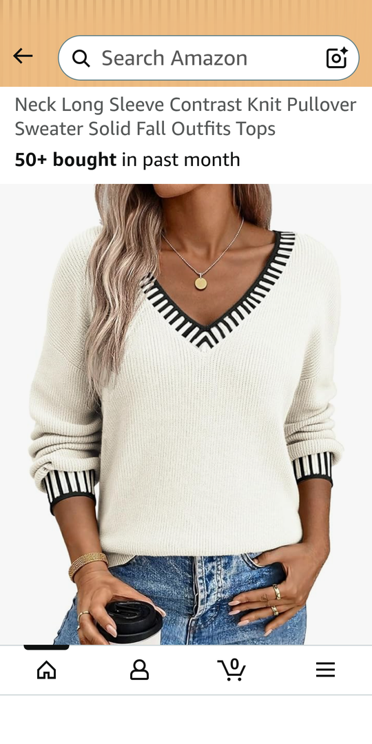 Dokotoo Womens Sweaters Casual V Neck Long Sleeve Contrast Knit Pullover Sweater Solid Fall Outfits Tops,L