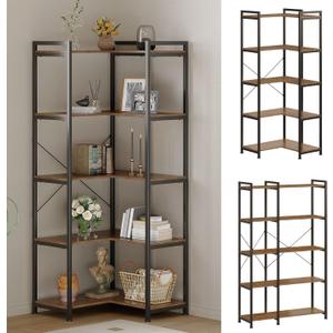 Tohomeor Bookshelf 5 Tier Deformable Corner Bookcase Free Standing Modern Industrial Book Storage Display Book Shelf for Bedroom Living Room Study Room Office (Brown)