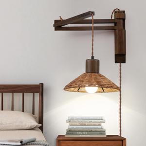 Wood Plug in Wall Sconces, Swing Arm Wall Lamp with Dimmable On Off Switch, Vintage Wall Mounted Light Fixture with Cord for Bedroom Nightstand Bedside Reading Lamp - Bulb Included (Brown)