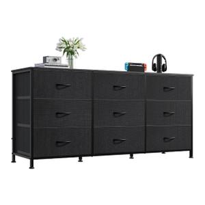 WLIVE 47''W Dresser for Bedroom, Black Dresser TV Stand for 45, 50, 55 inch TV, Wide Chest of Drawers with 9 Drawer, Large Entertainment Center, Fabric Dressers with Wood Top for Closet, Living Room, Regular Size