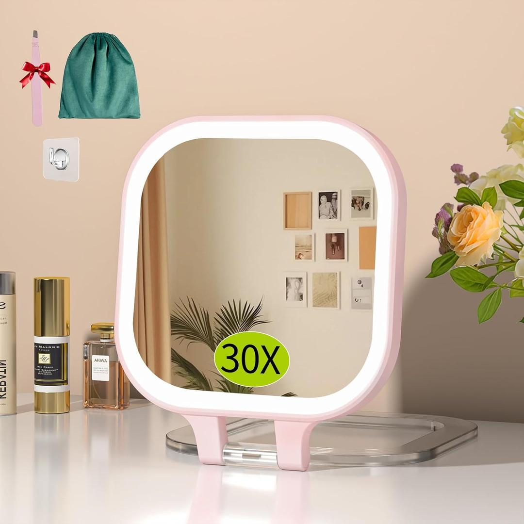 FUNTOUCH 30X Travel Magnifying Mirror with Light, 7" Rechargeable Double Sided Travel Vanity Mirror with Lights, 3 Color Lights & Adjustable Brightness, 300Rotation, Gift for Women,Pink
