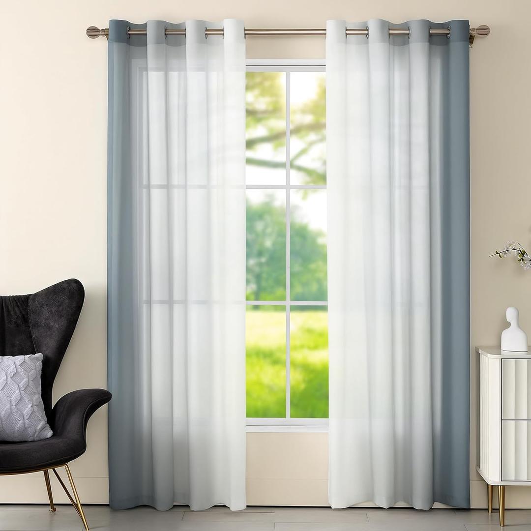 Set of 2 Chiffon Ombre Sheer Curtains, Gradient Window Curtain Panels Drapes, Grommet Top Semi Sheer, Voile Window Treatment for Girls Bedroom, Living Room, Patio Door, 52 x 63 in, Blue-Grey