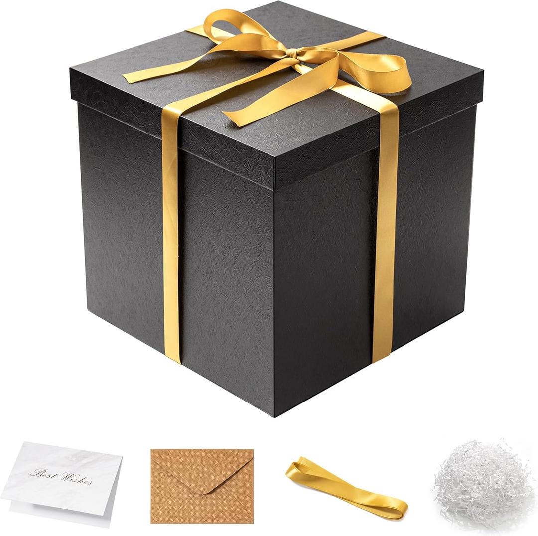 Mefleet Large Gift Box with Lid for Presents 12x12x12 Inches Extra Big Deep Square Black Boxes 1 Pack for Christmas, Birthday, Valentine's Day, Mother's Day - Contains Crinkle Paper, Ribbon and Card